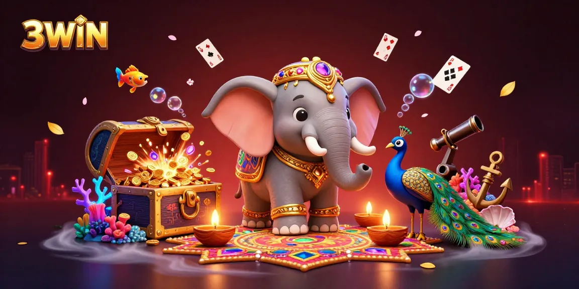 Engage with 3WIN's vibrant casino atmosphere featuring a lively elephant, peacock, and treasure-rich ocean.