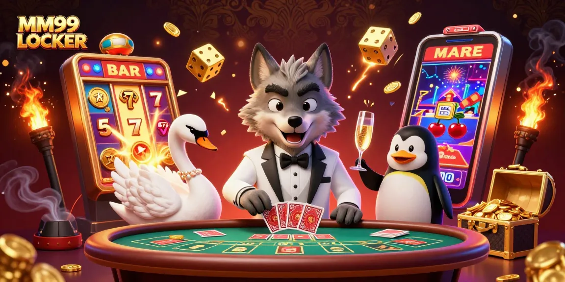 Experience thrilling gameplay at MM99 LOCKER with a colorful casino scene featuring vibrant characters and games.