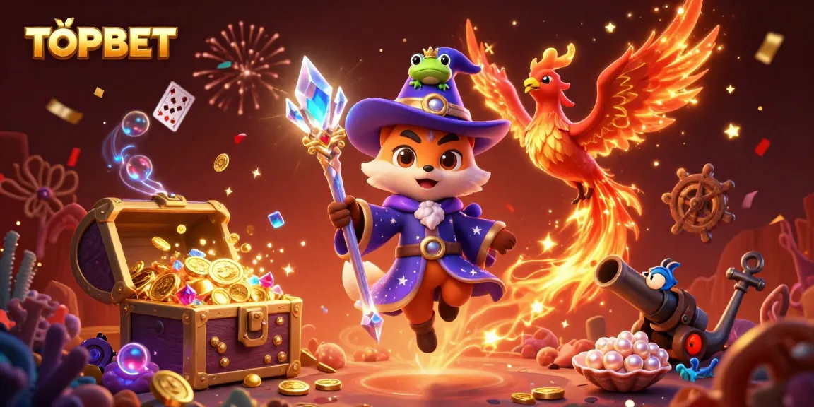 Experience the thrill of TOPBET with a vivid gaming scene featuring enchanting characters and dynamic casino elements.