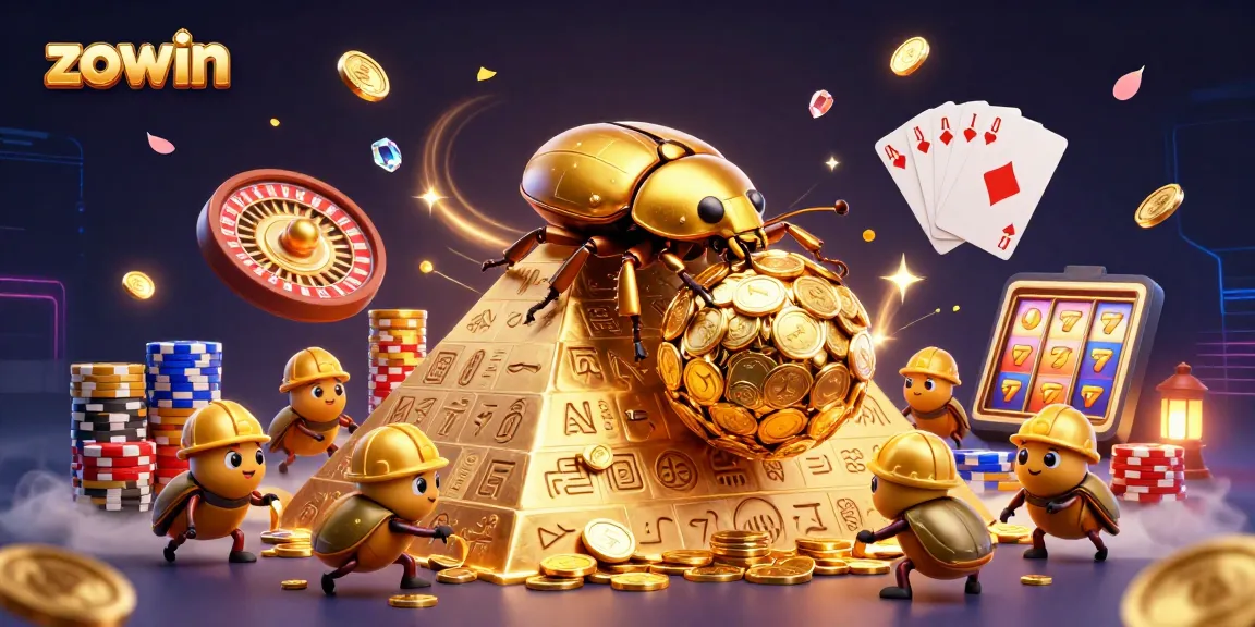 Zowin game features a golden dung beetle symbolizing winning luck with gold coins cascading in a casino scene.