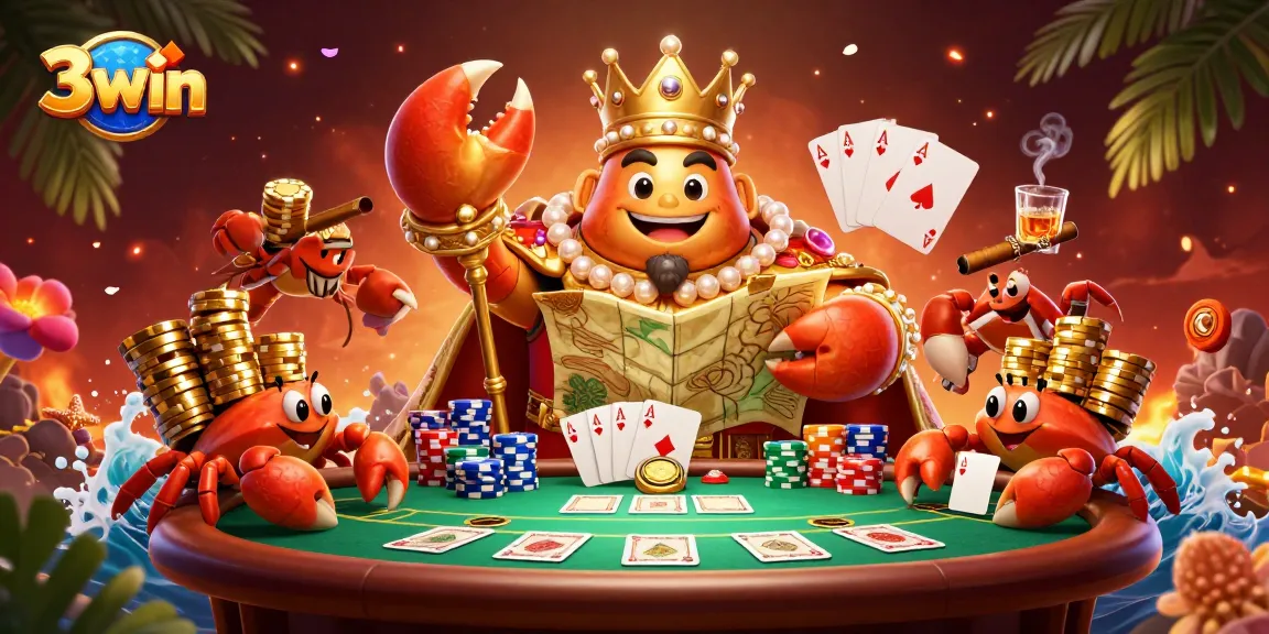 Experience the thrilling world of 3win with a golden crab emperor presiding over an exciting poker showdown.