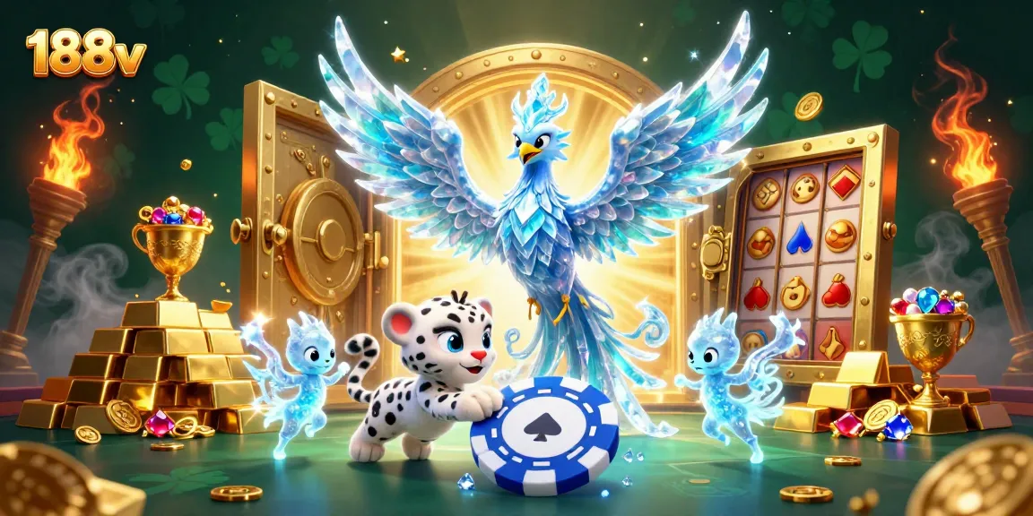 Win big at 188v with the captivating ice phoenix and slot symbols dazzling in icy light.