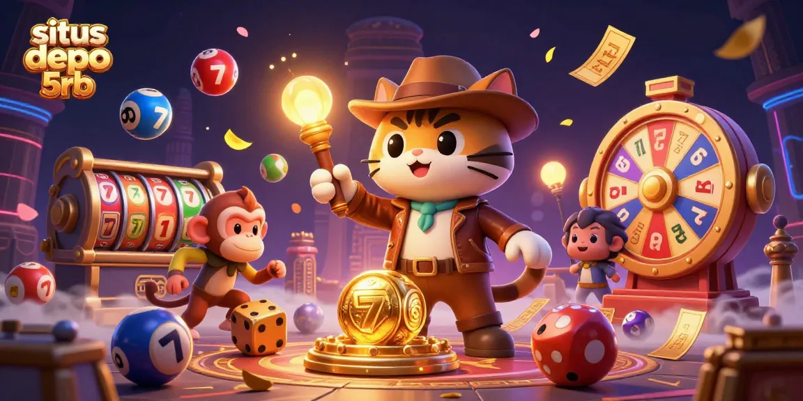 Engage in thrilling gameplay at situs depo 5rb with vibrant slot reels and golden casino artifacts.