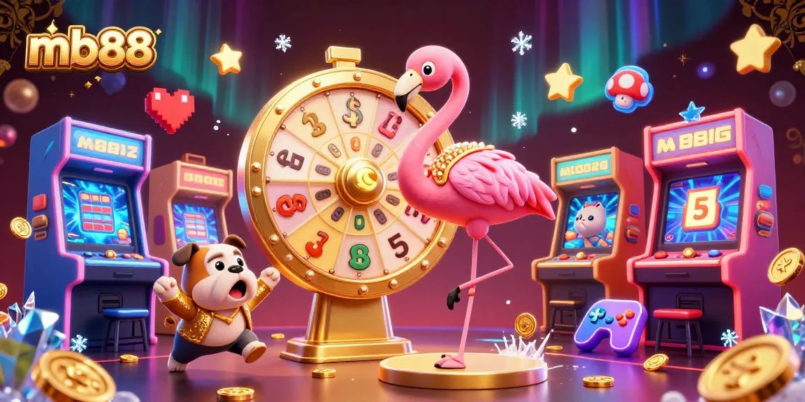 Spin the mb88 prize wheel with a flamingo host and bulldog contestant in a vibrant casino scene.