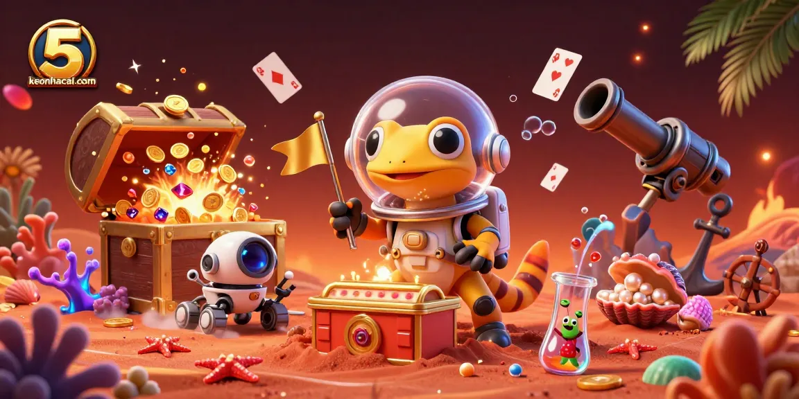 Engage with keonhacai.com 5 treasures as a Martian gecko uncovers a buried casino amidst vibrant cosmic scenery.