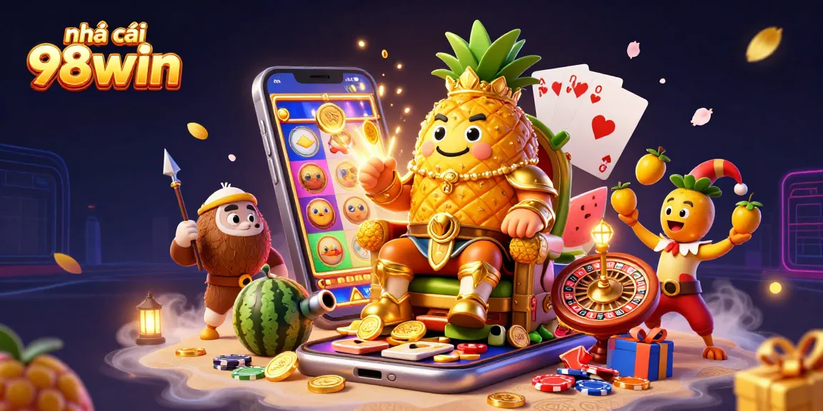 Engage with thrilling gameplay featuring nhà cái 98win's golden pineapple king and vibrant casino elements.