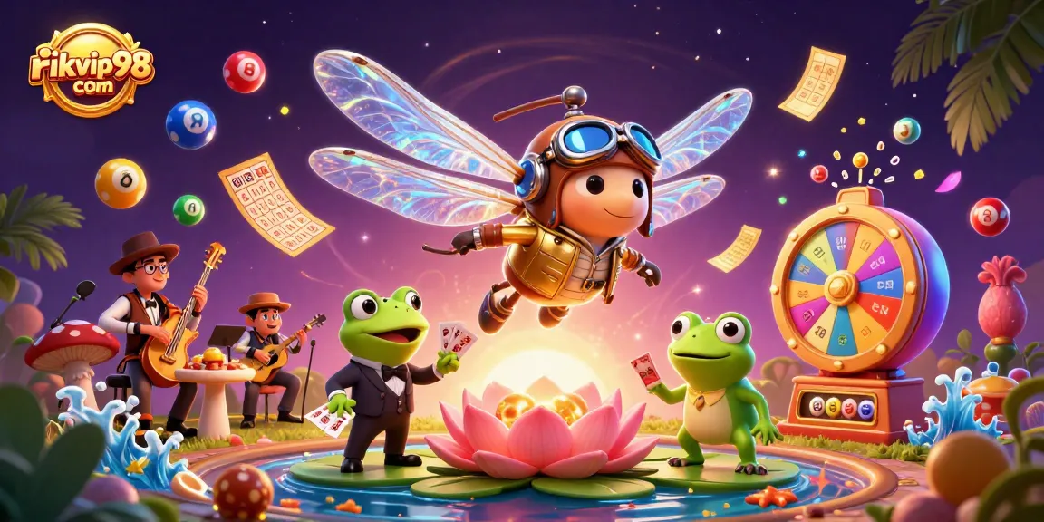 Win big at rikvip98 com with vibrant lottery balls, a frog croupier, and a thrilling casino atmosphere.
