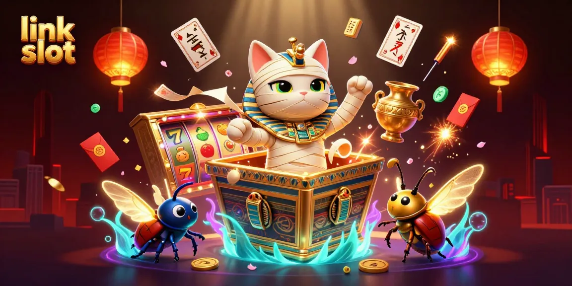 Permainan link slot yang menampilkan kucing mummy 3D dan simbol keberuntungan di kasino.