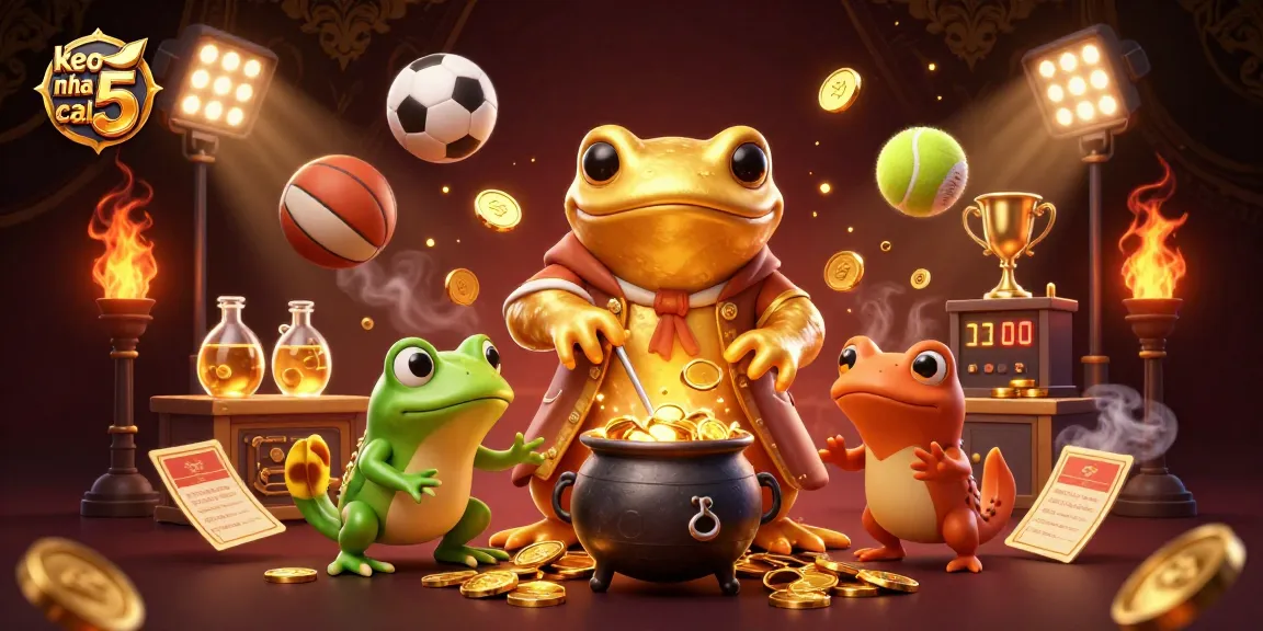Visualize keo nha cai 5 with a golden salamander alchemist and sports elements in an enchanting scene.