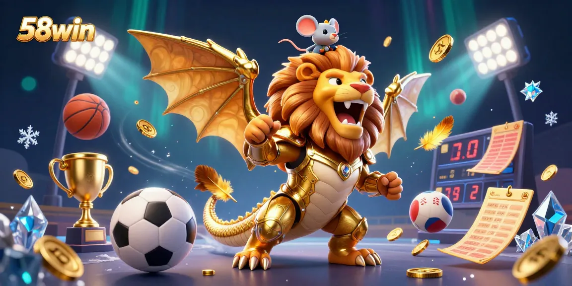 Spotlight on 58win with vibrant sports elements and golden accents in a dynamic gaming scene.