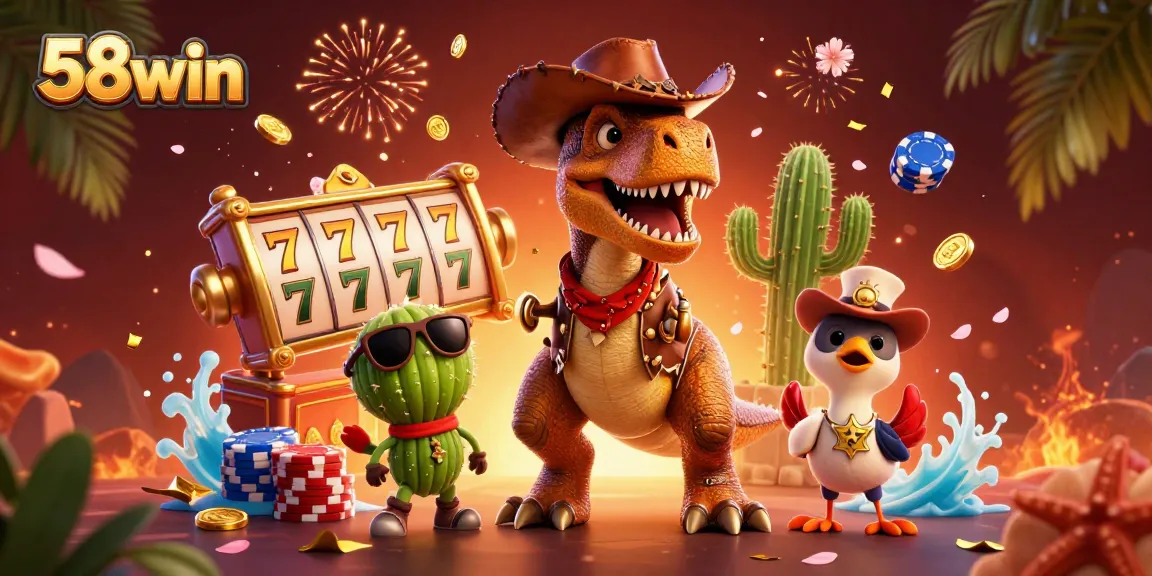 Play exciting slots and poker at 58win, featuring a dynamic T-Rex and colorful casino elements.