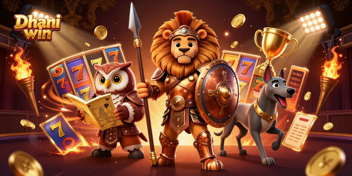 Dhani win showcases a Spartan lion, owl, and greyhound in a dynamic casino scene filled with slot reels and golden trophies.