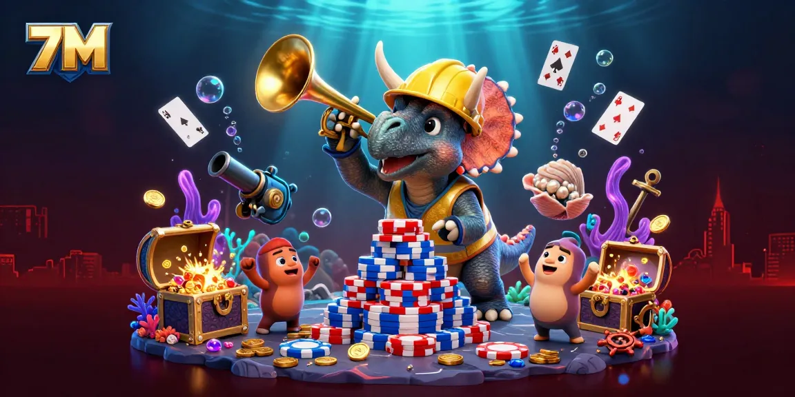 7M showcases a lively scene where a triceratops builds poker chip pyramids, embodying excitement in gambling.