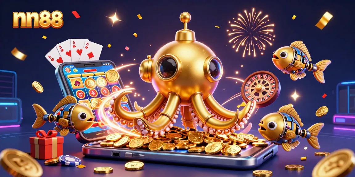 Experience thrilling gameplay with nn88's vibrant casino action featuring a golden kraken and mechanical fish.