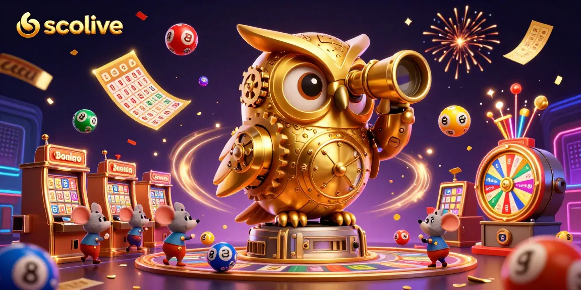 Socolive captivates with vibrant casino elements showcasing dynamic lottery balls and a golden owl mascot.