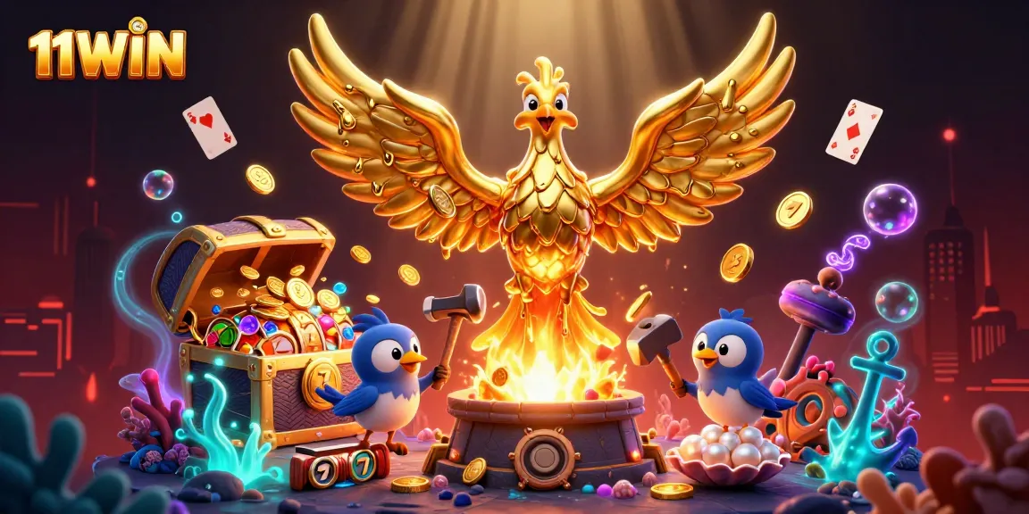 Experience the vibrant excitement at 11WIN with a golden phoenix and slot reels amid brilliant underwater treasures.