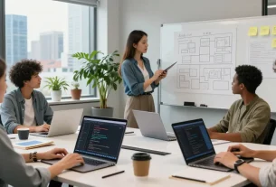 Team collaborating to build internal tools with AI in a modern office environment.