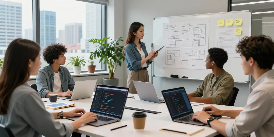 Team collaborating to build internal tools with AI in a modern office environment.
