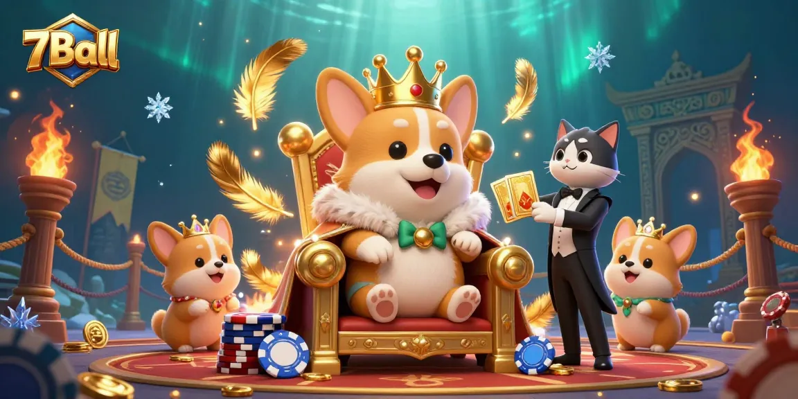 Experience excitement with 7Ball's royal corgi and luxurious casino elements in this vibrant 3D illustration