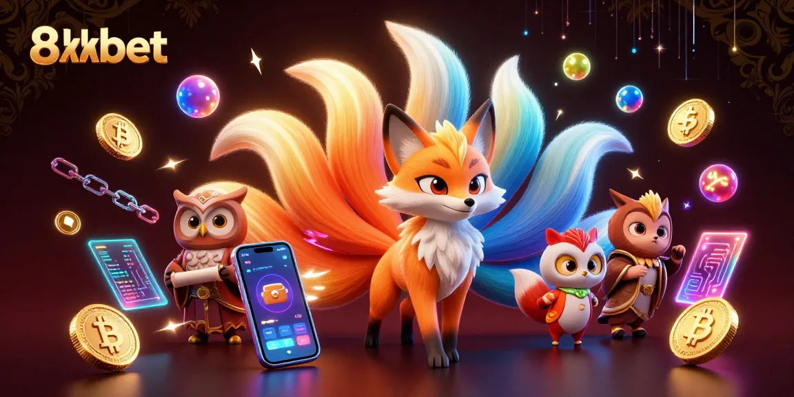 Experience the thrills of 8xbet with a vibrant casino-themed 3D scene featuring mystical characters and crypto elements.