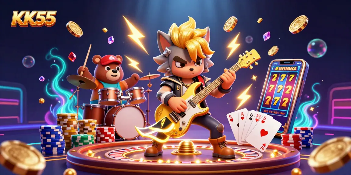 Experience the thrill of KK55 with a dynamic 3D casino scene featuring exciting games and characters.