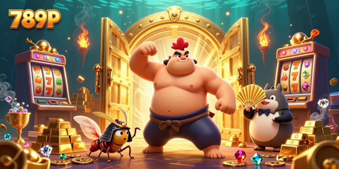 Experience the excitement of 789P with vibrant 3D illustrations of sumo wrestlers, treasures, and slots in a casino.