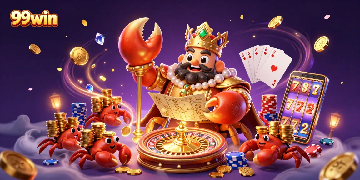 Engage in thrilling games with 99win featuring a grand crab emperor and casino elements.