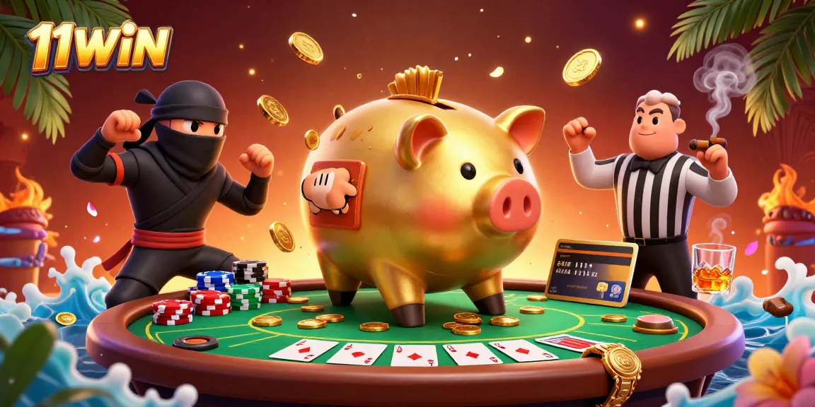 Engaging scene of 11WIN featuring a golden piggy bank sumo wrestler surrounded by vibrant casino elements.