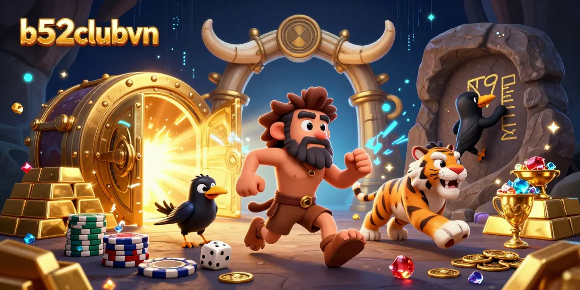 Experience the excitement of b52clubvn with our vibrant prehistoric casino scene featuring dynamic characters and luxurious treasures.