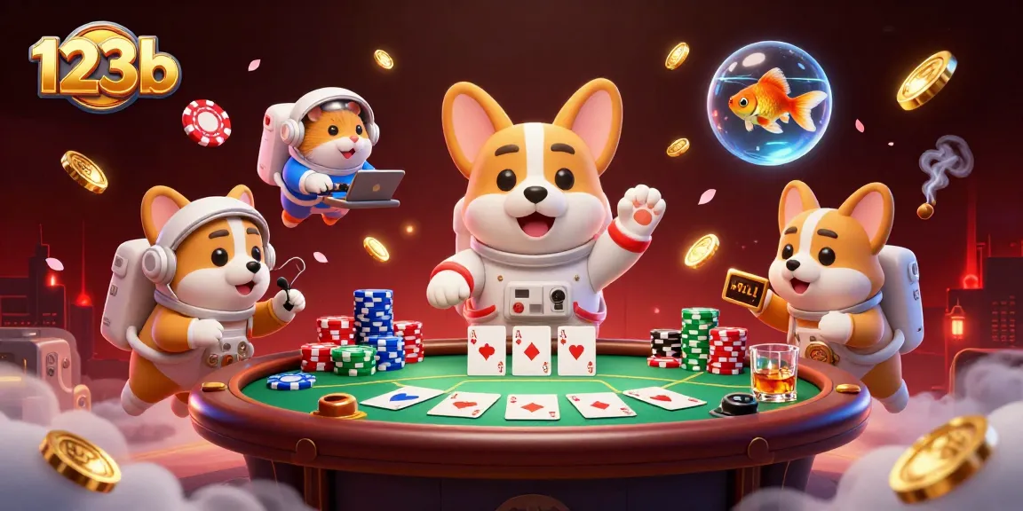 Experience thrilling action at 123b with a lively 3D casino scene featuring poker and festive elements.