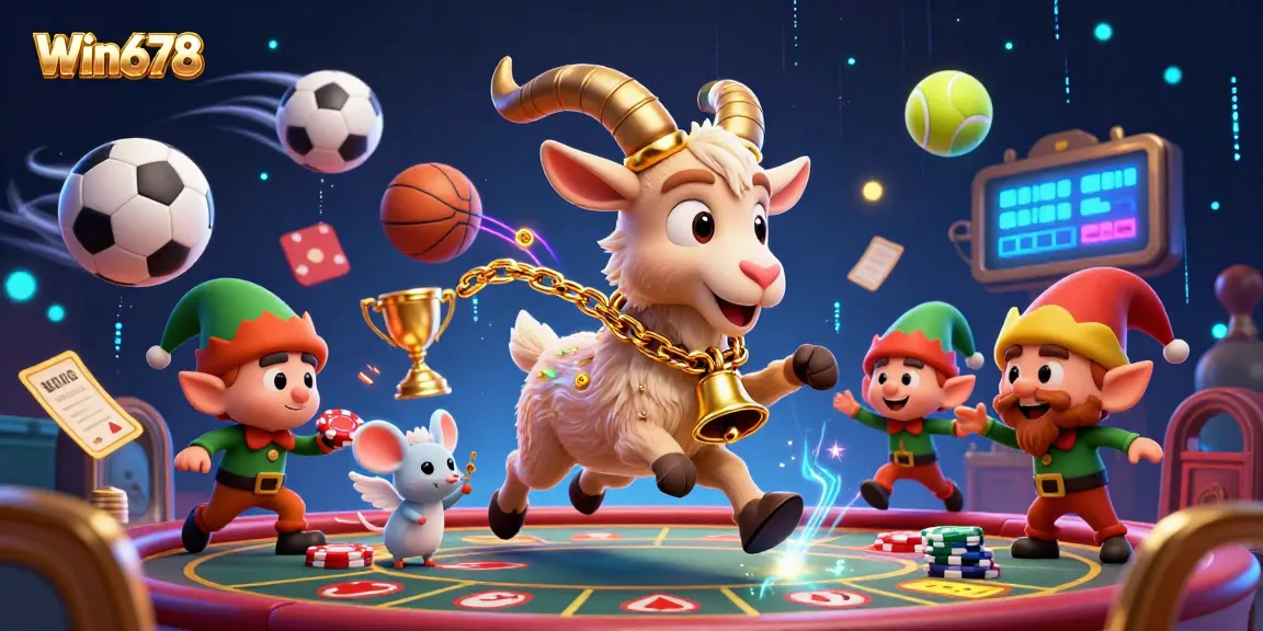 Experience fun at Win678 with lively casino scenes featuring 3D characters, dazzling sports elements, and festive energy.