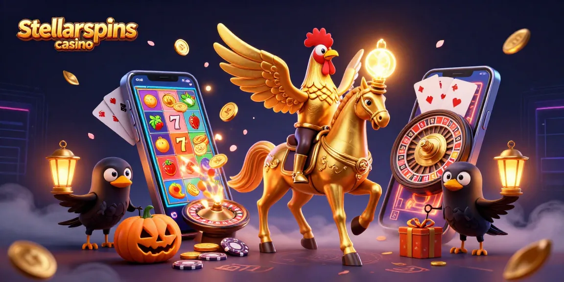 Experience stellarspins casino with a vibrant 3D scene of a golden rooster and game elements!