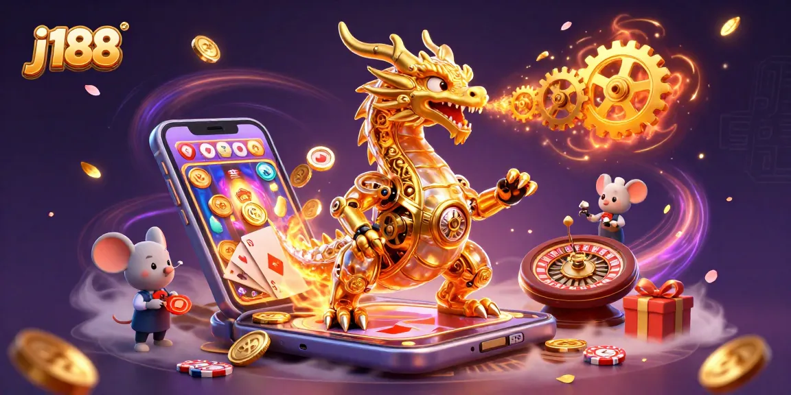 Experience j188's thrilling slot adventure with a golden dragon and neon gaming elements.