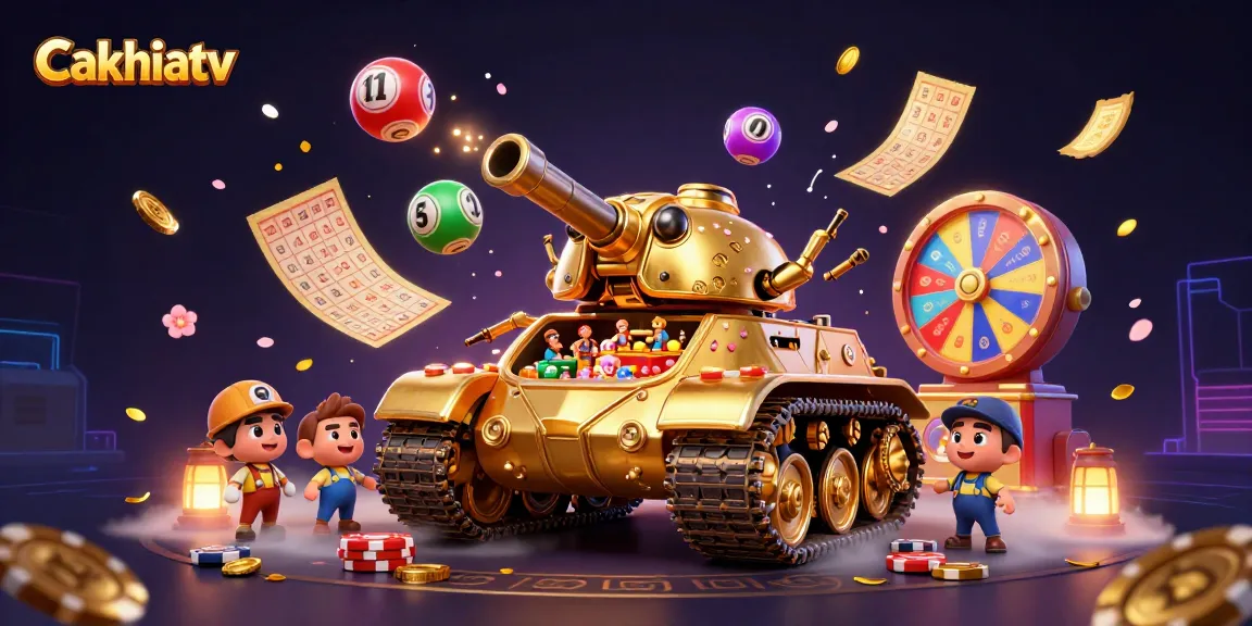 Cakhiatv features a golden beetle tank revealing a miniature casino amidst vibrant gambling elements, enhancing excitement.