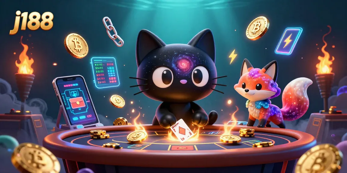 Win big at j188 with a vibrant cosmic casino scene featuring a black hole cat and colorful nebula fox.