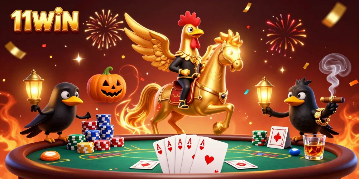 Experience thrilling poker action with 11WIN as a golden rooster in a vibrant casino scene.