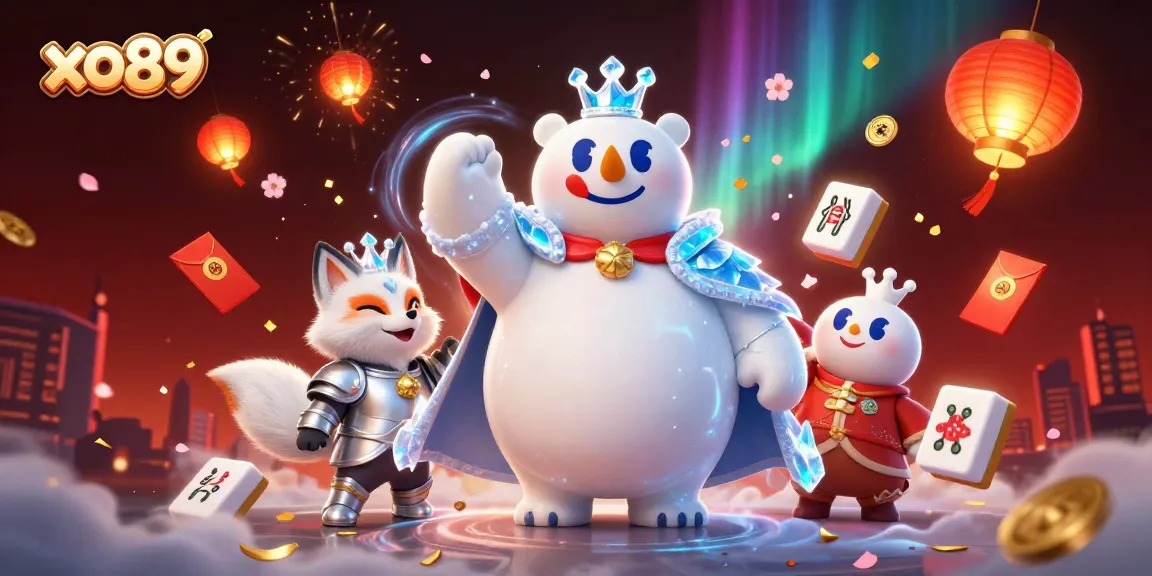 Illustration of xo89 showcasing an ice king polar bear and a snow fox in a vibrant casino scene.