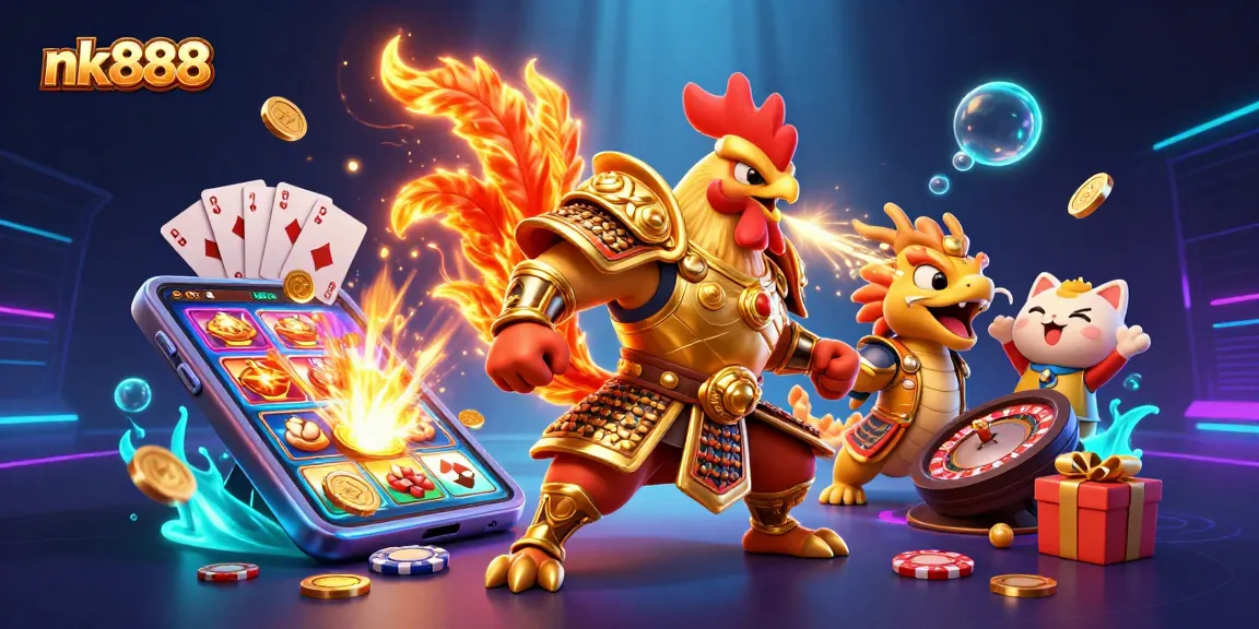 Engage with nk888's vibrant casino world featuring avatars, game themes, and dazzling gold details.