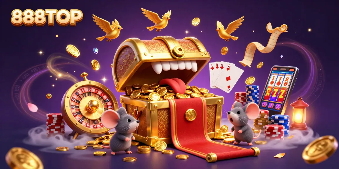 Experience the thrill of 888TOP casino with shimmering treasures and vibrant gaming elements.