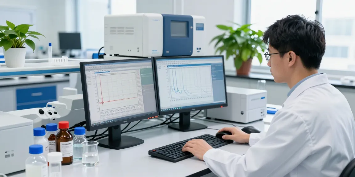 Aegean Labs Peptide testing in a modern laboratory with a technician analyzing HPLC data.