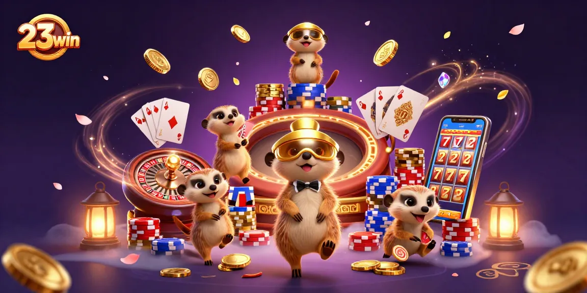Experience the thrill of 23win as meerkats run a bustling casino, capturing the excitement with chips and cards flying around.