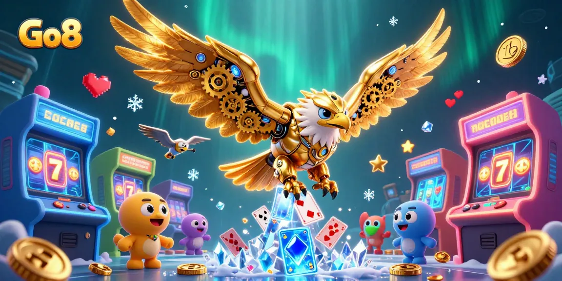 Engage with Go8's 3D golden eagle amid a vibrant casino-themed scene featuring holographic cards and gaming elements.