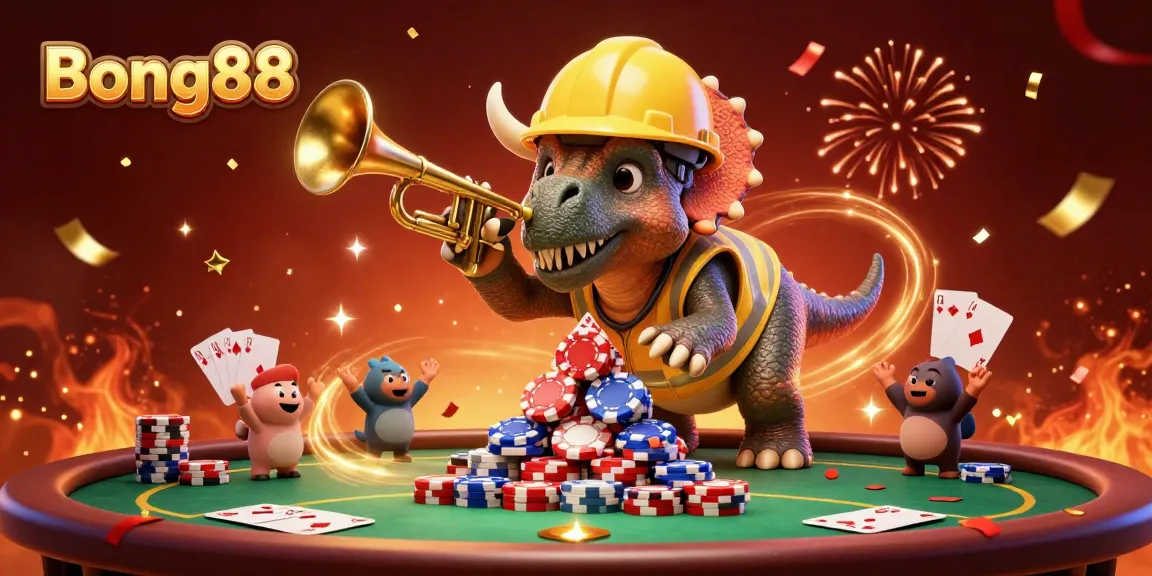 Bong88 showcases an exciting scene of vibrant casino elements with cartoon characters celebrating poker chip victories.