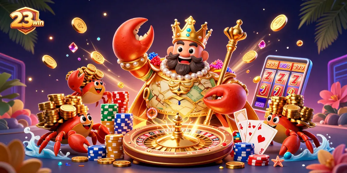 23win gamers enjoy the excitement of a 3D casino with golden crab emperor and treasure elements.