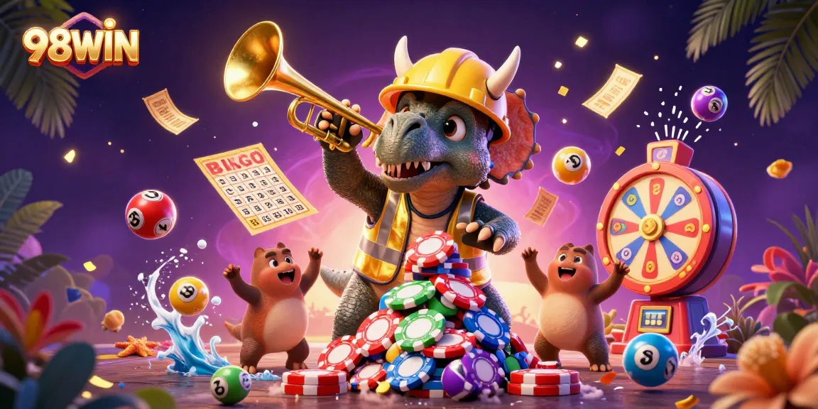 Engage with 98WIN as colorful elements celebrate exciting online gambling.