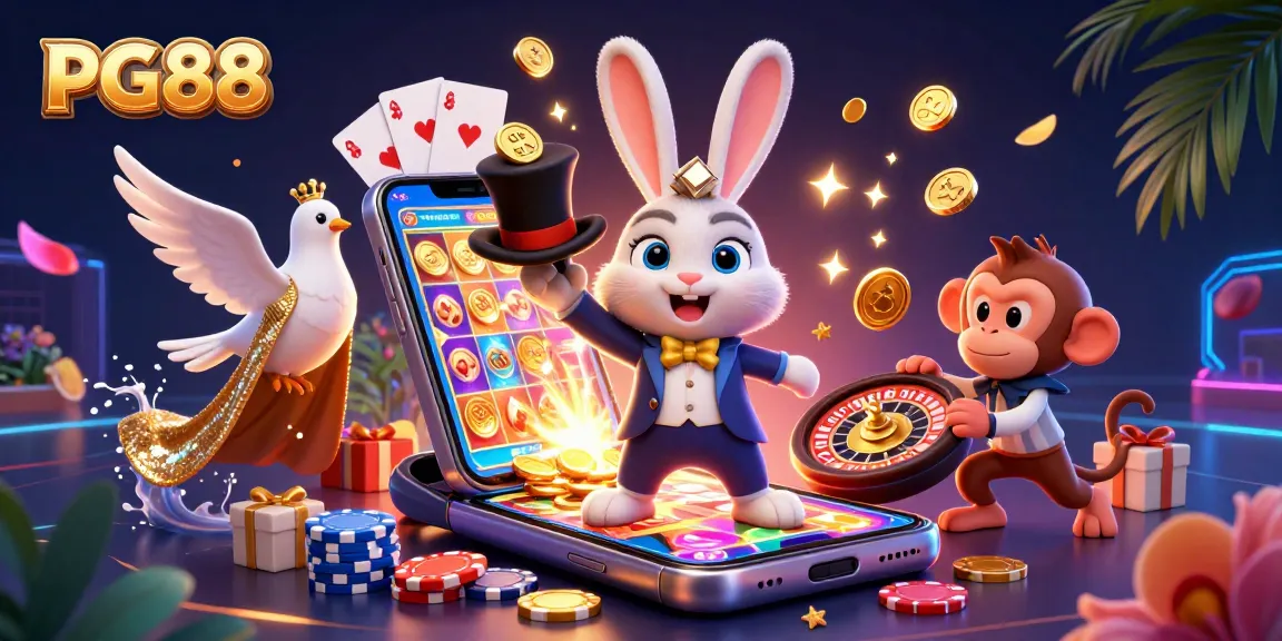 Experience PG88's exciting gaming world with a whimsical illustration of a magician rabbit, golden coins, and gaming elements.