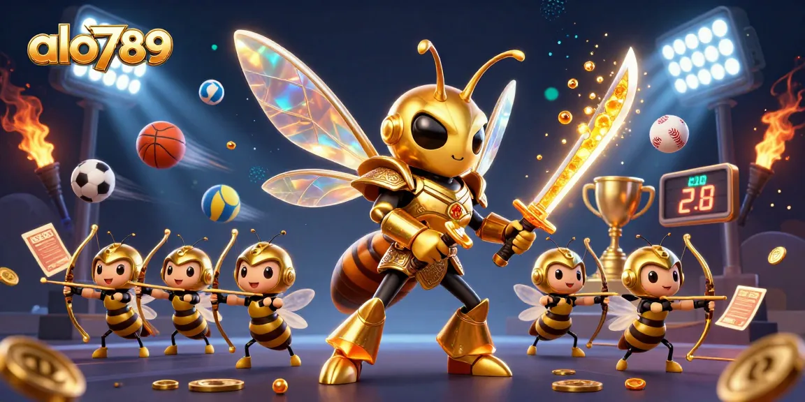 A vivid illustration showcasing the golden hornet samurai in action at alo789, surrounded by dynamic sports elements and a captivating blue gradient.