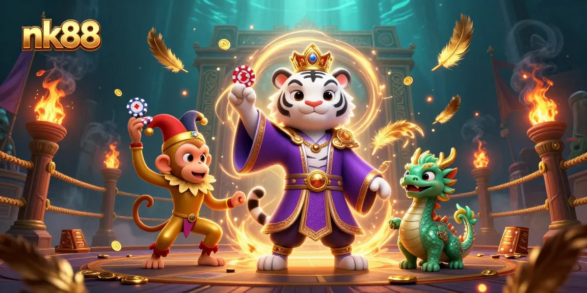 Nk88 offers a playful casino experience with a lively scene of characters amidst poker chips and treasure.