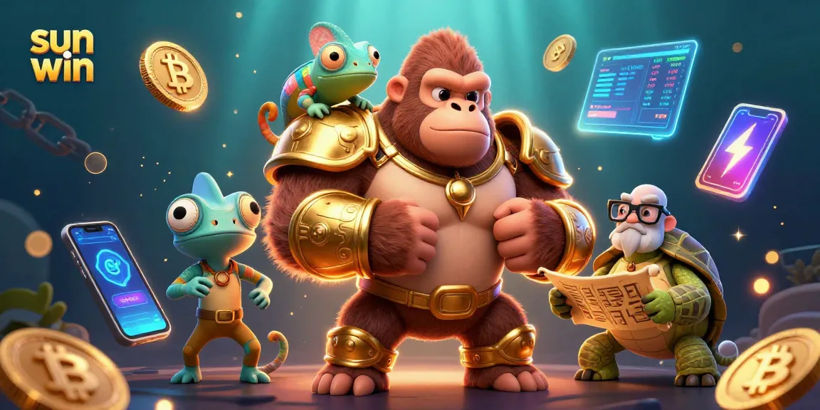 Engage in sun win gaming with a vibrant scene of characters and crypto elements.