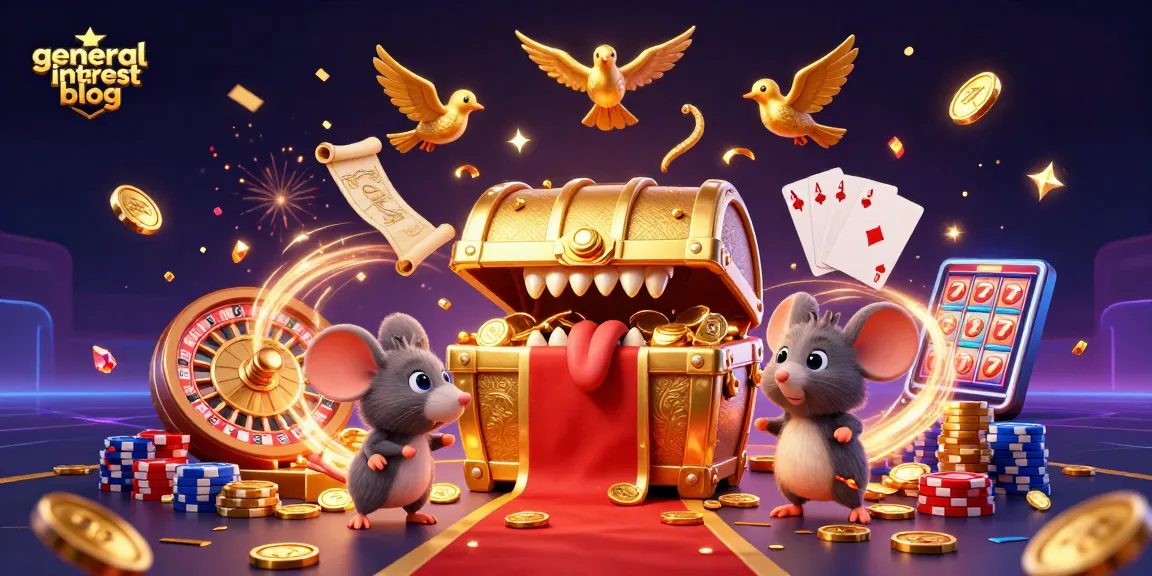 Engaging 3D illustration showcasing a golden treasure chest and adventure mice, representing a general interest blog in gambling.
